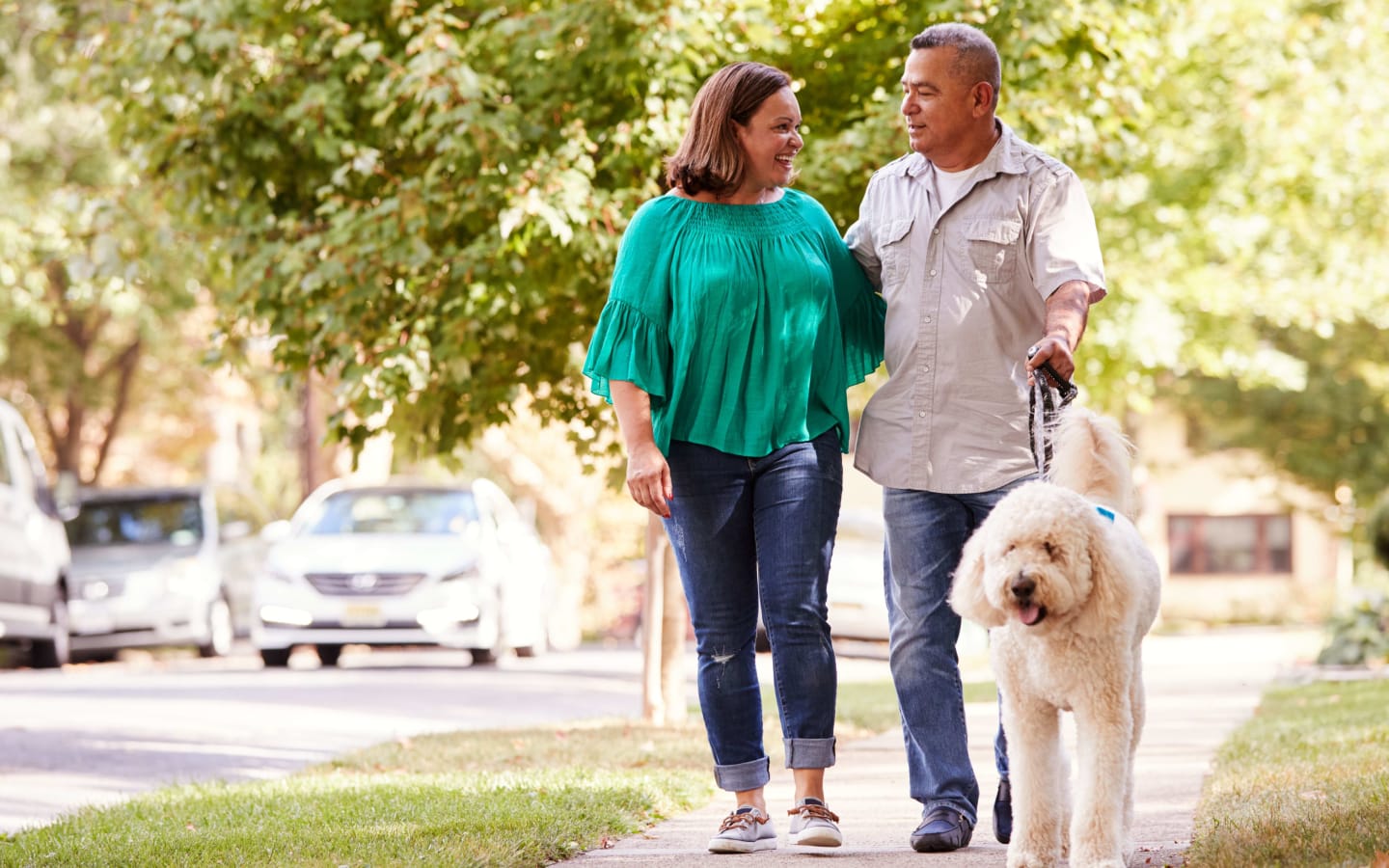A couple walking their dog