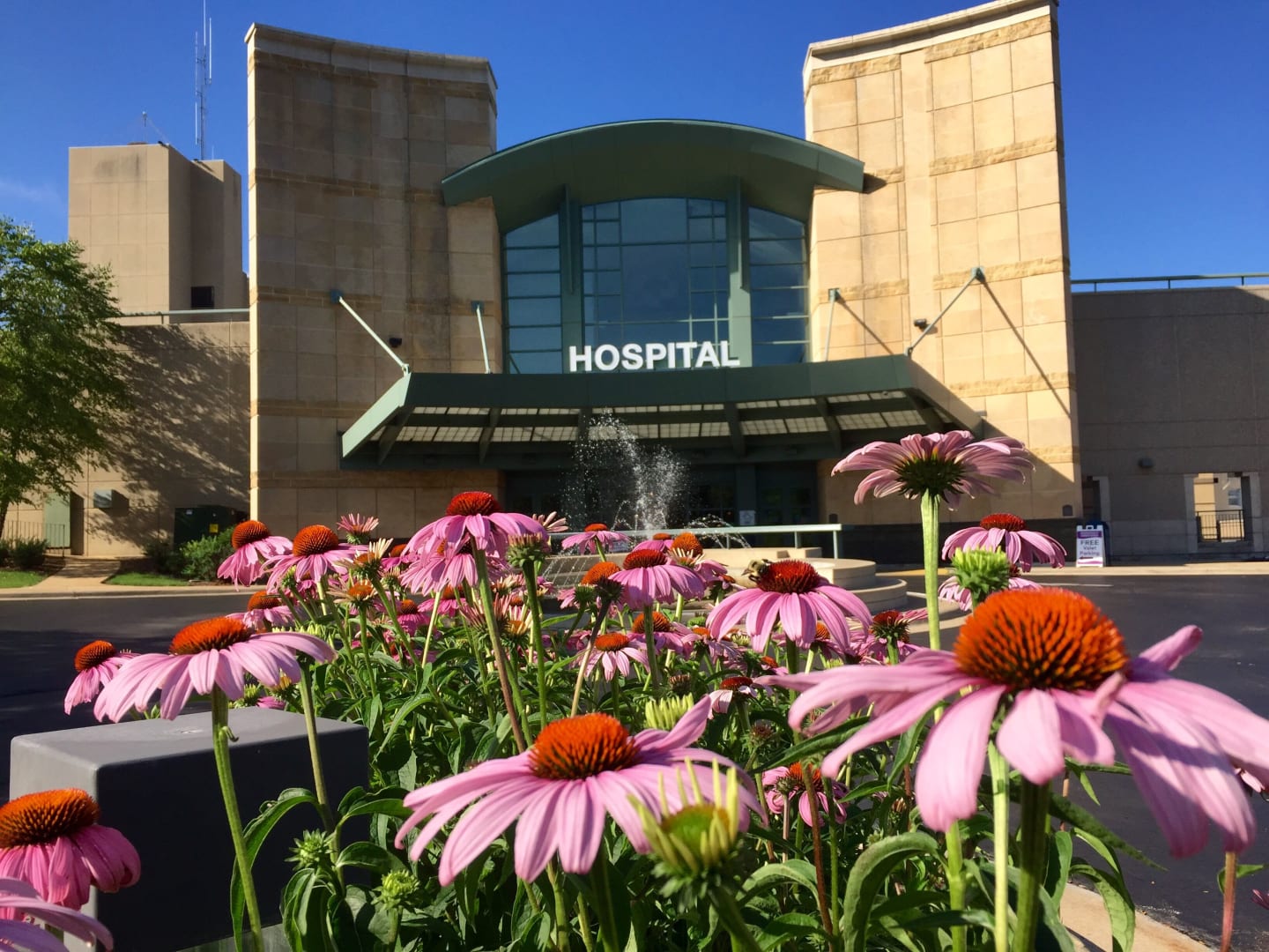 Flowers in front of the main entrance to Swedish American Hospital