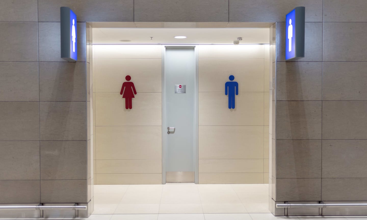 Public restroom entrances and signs
