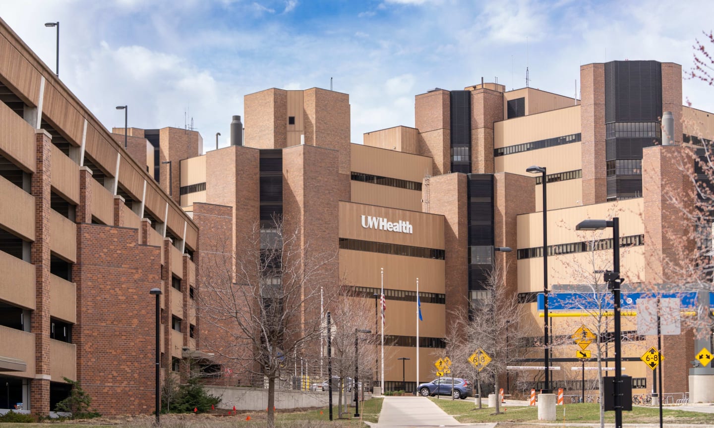 The brown exterior of University Hospital in Madison, Wisconsin