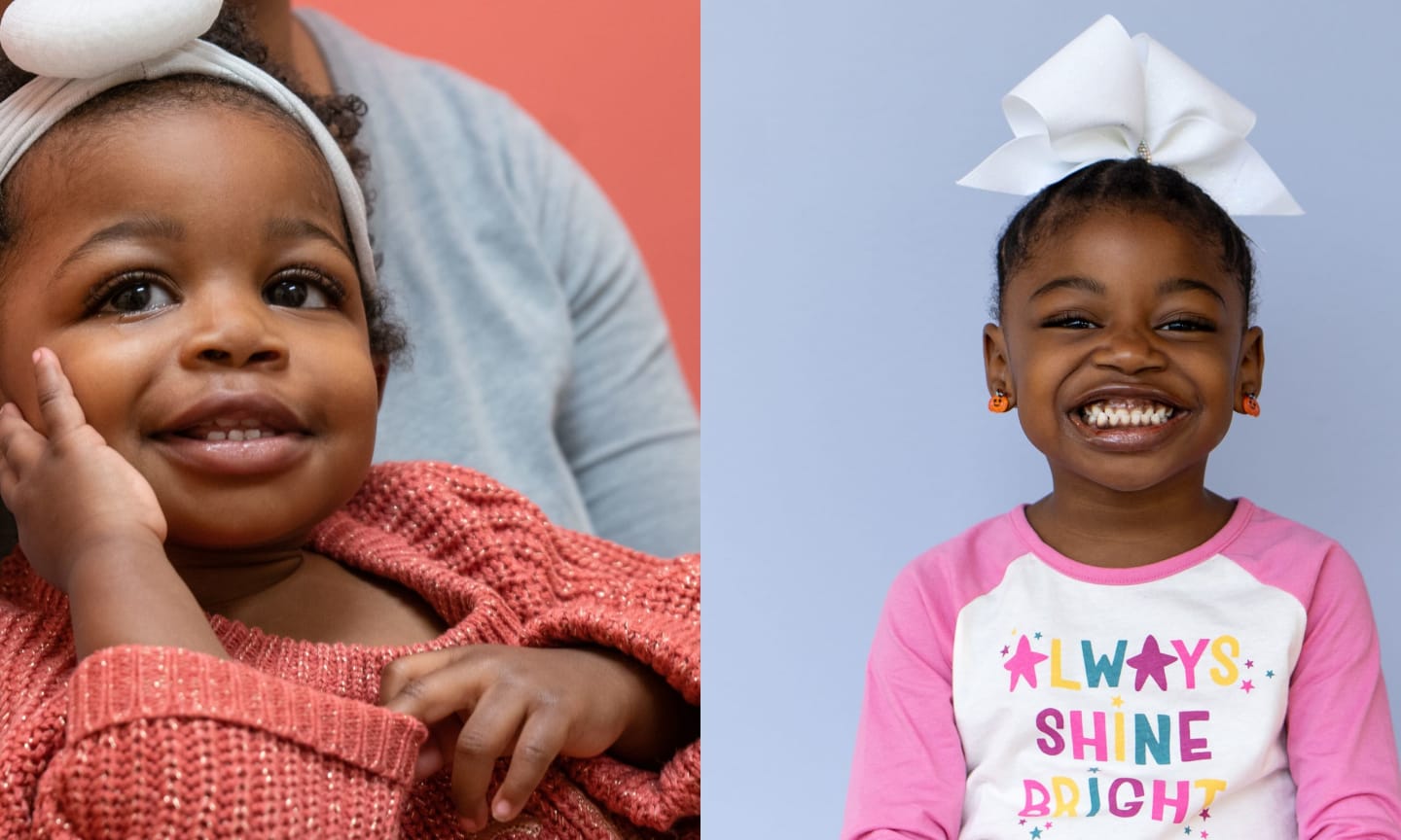 A side by side photo of a two year old baby on the left, and the same baby, now five years old, on the right.