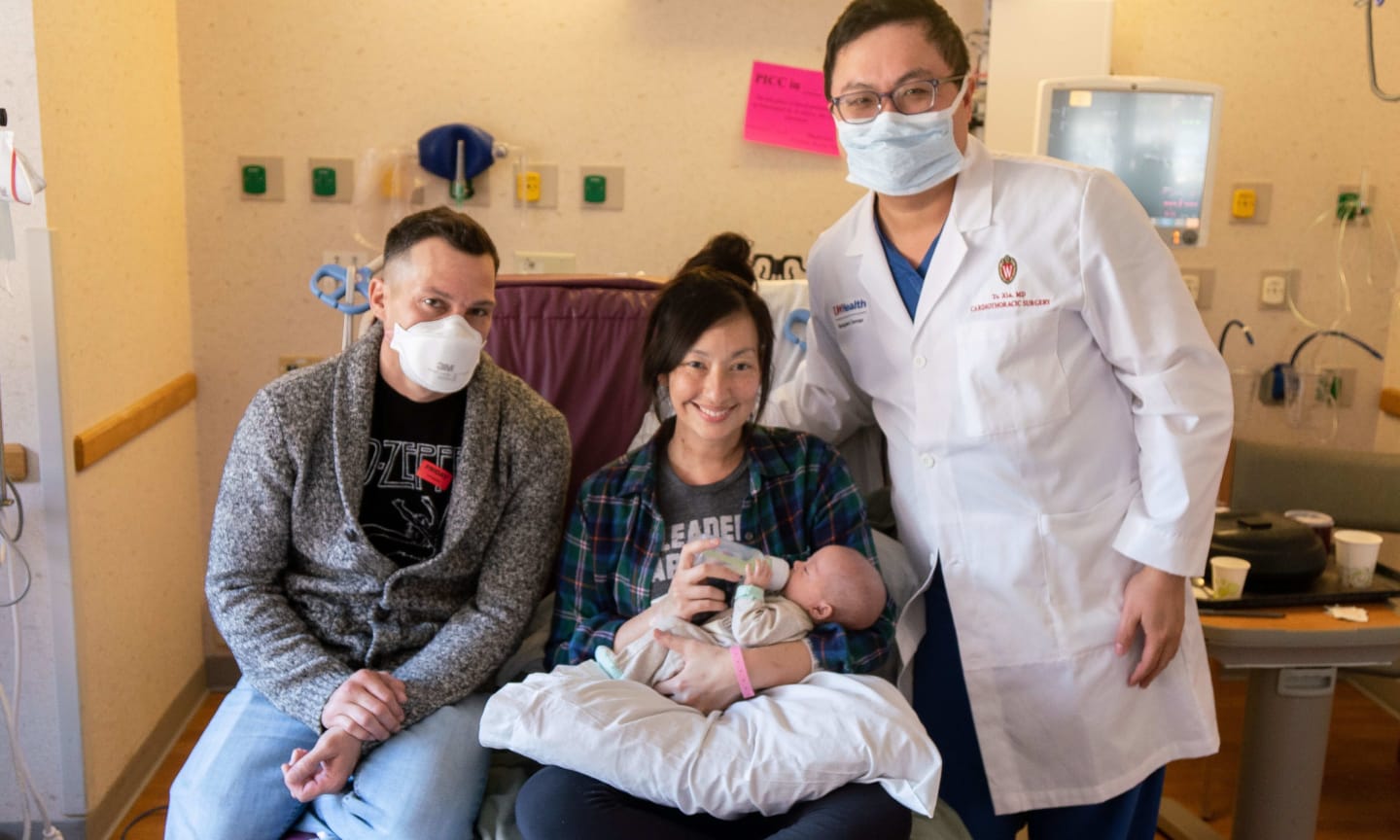 Kiel and Susan Siegenthaler, their daughter Stevie and UW Health cardiothoracic transplant surgeon Yu Xia