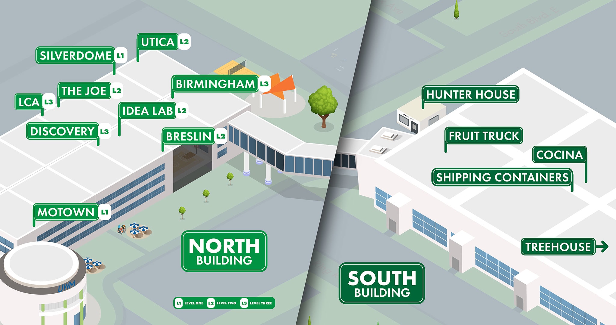A map of the UWM campus depicting several notable locations
