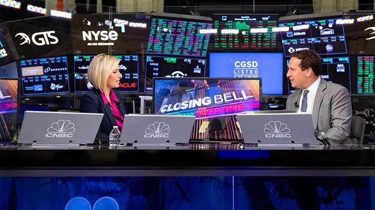 Mat Ishbia, President & CEO, being interviewed about mortgage updates at CNBC studios after the closing bell at the New York Stock Exchange.