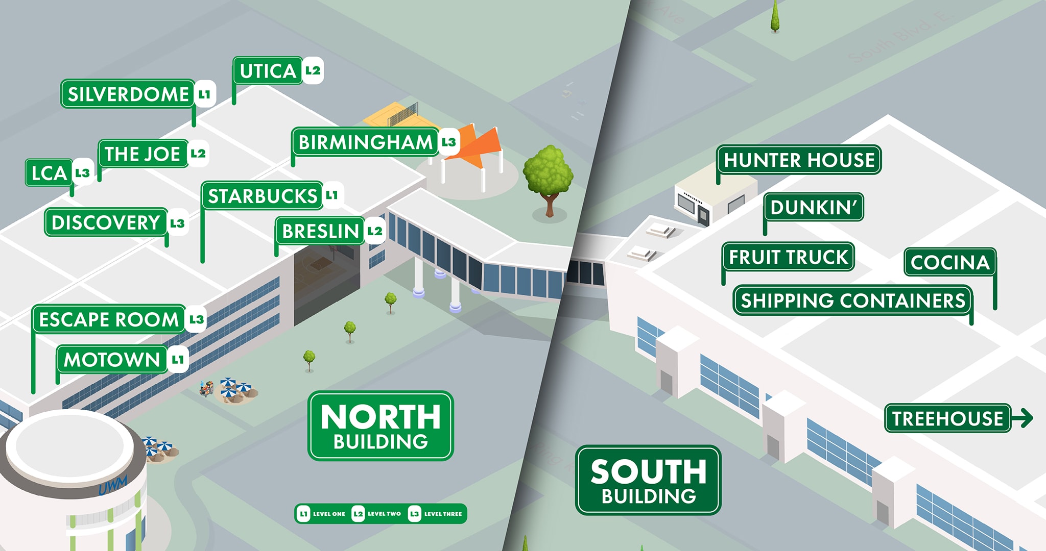 Map of the UWM Campus, including the North and South Buildings. Image shows location of conference rooms and other points of interest. Full description: North building: Utica, Silverdome, LCA, The Joe, Birmingham, Breslin, Discovery and Motown conference rooms, as well as Starbucks and the Escape Room. South Building: Hunter House Hamburgers, fruit truck, shipping containers, Dunkin Donuts and Cocina & Treehouse conference rooms.
