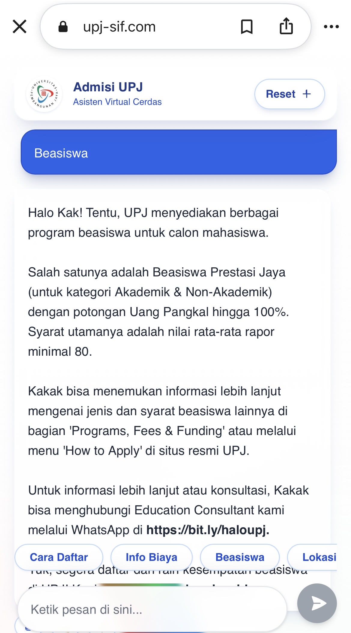 AI Chatbot Universitas Pembangunan Jaya