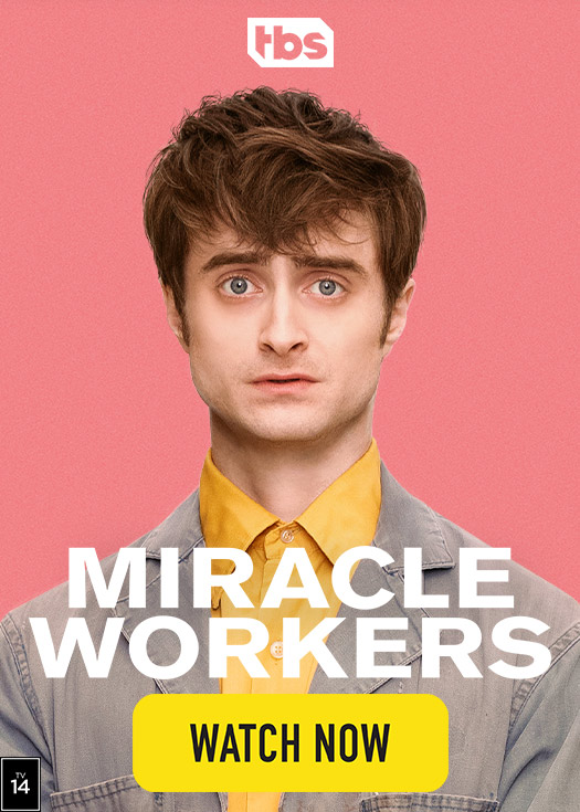 Banner promoting show Miracle Workers on TBS for Roku platform.