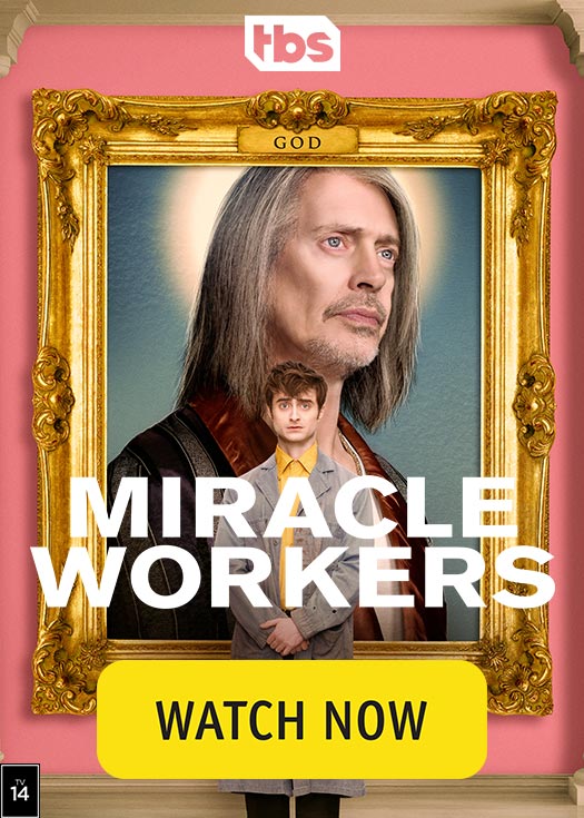 Banner promoting show Miracle Workers on TBS for Roku platform.