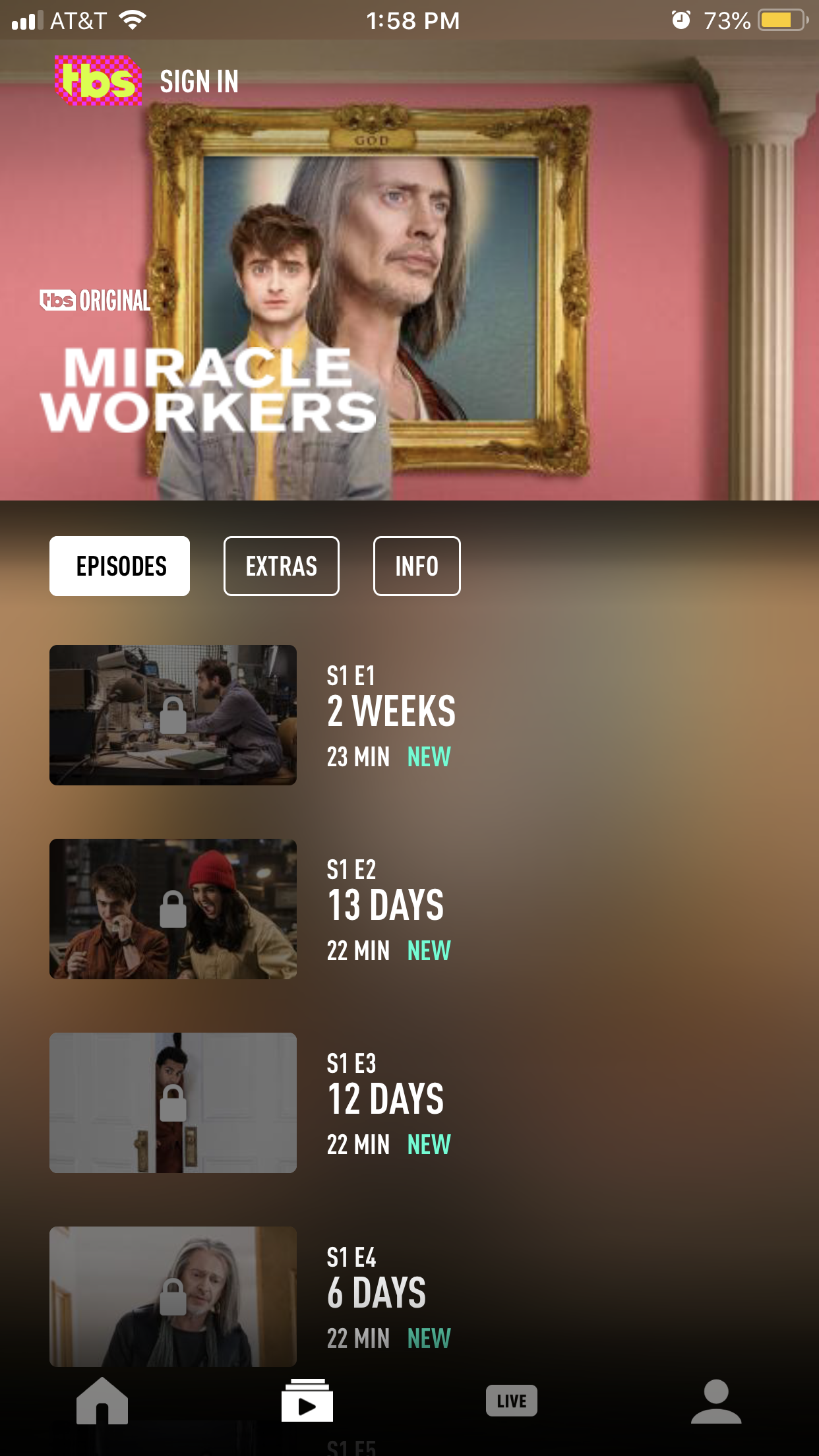 Screenshot of Miracle Workers banner and episode images live on TBS app (post update).