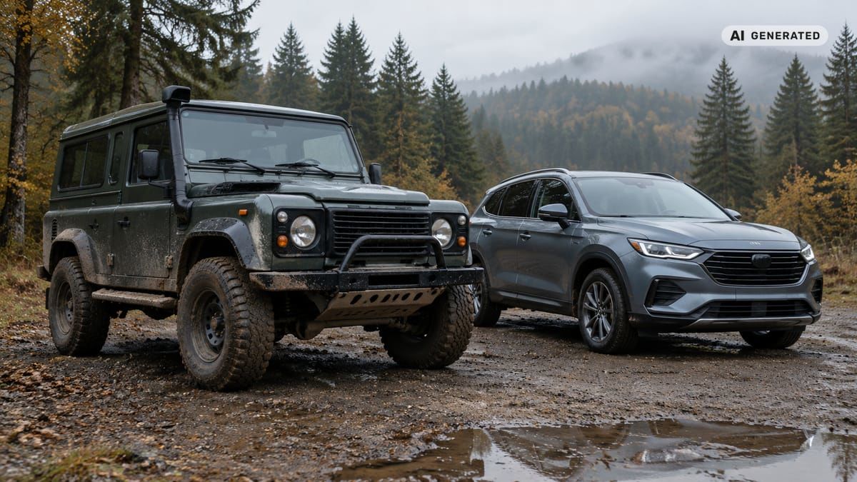 Terénne autá 4x4 na predaj 2026: skutočné offroady vs. SUV s pohonom všetkých kolies (obrázok vytvorený AI)