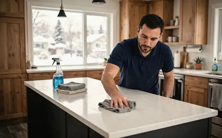 A cleaner wiping down a kitchen island in an Edmonton home