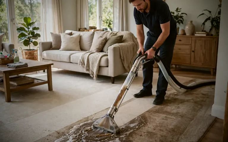 A carpet cleaning wand leaving a clean stripe on a living room carpet