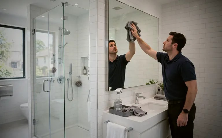 A cleaner wiping a bathroom mirror during a deep clean