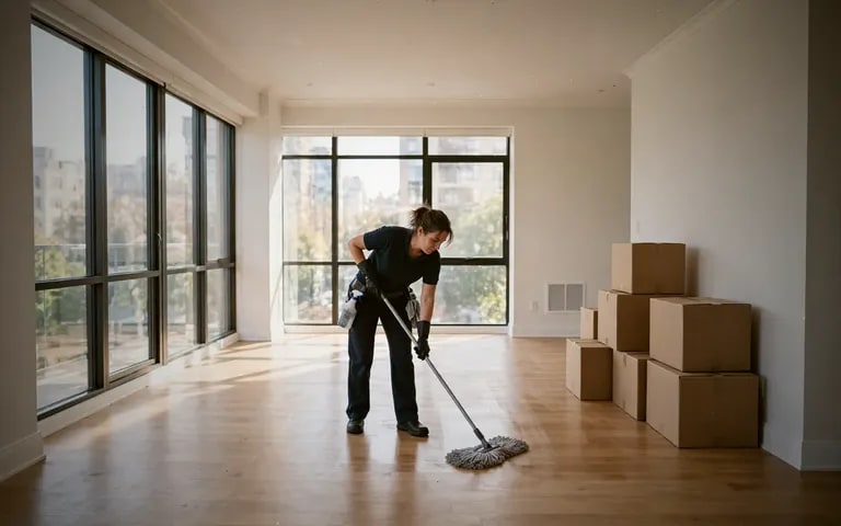A cleaner mopping the floor of an empty home on moving day
