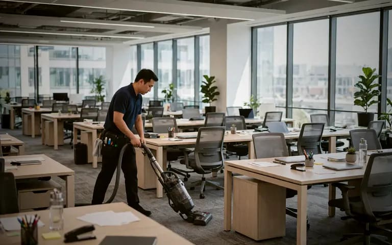 A cleaner vacuuming a bright modern office
