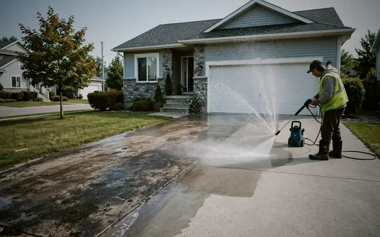 Pressure washing a driveway, with a clear clean stripe across the concrete