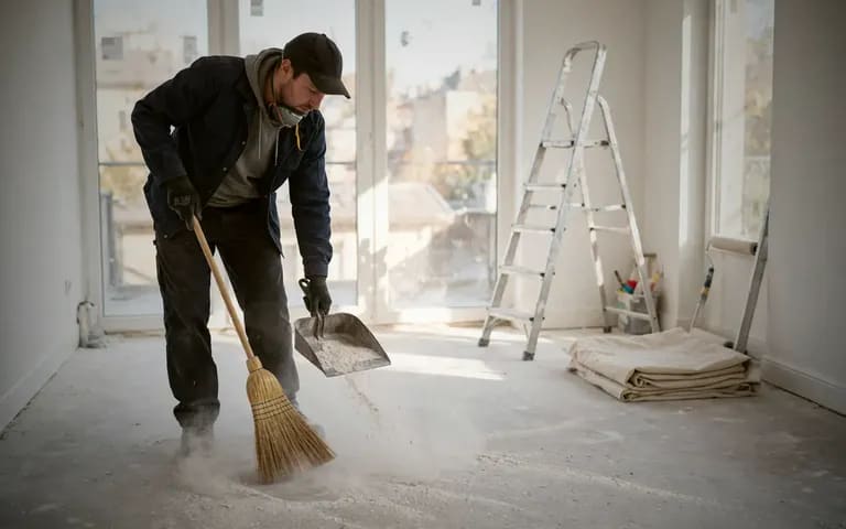 A cleaner sweeping fine dust in a newly renovated room