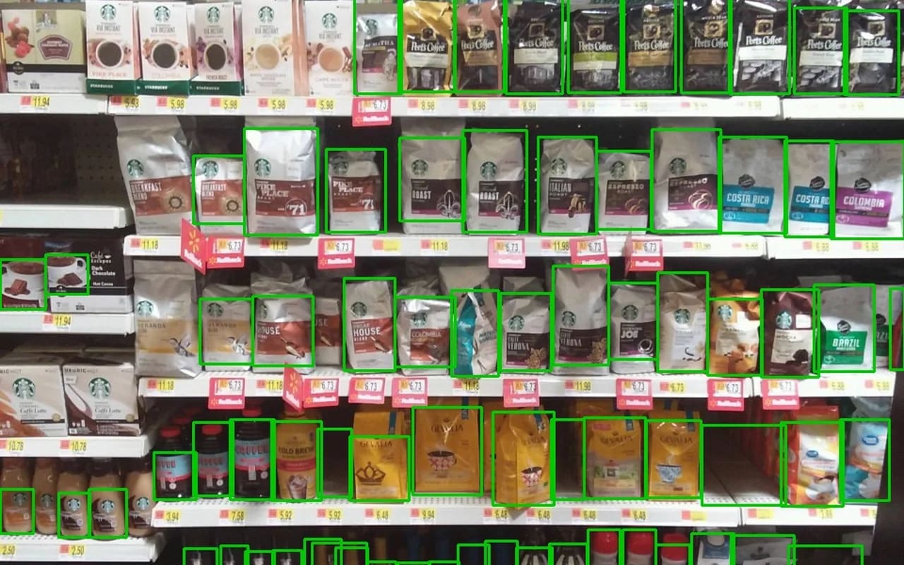 A store shelf with every product detected by the vision model