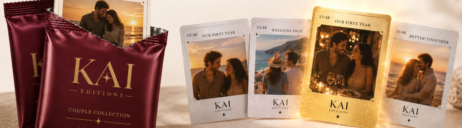חפיסות KAI פתוחות ומניפת קלפים — שלושה קלפי Silver וקלף Gold זוהר אחד