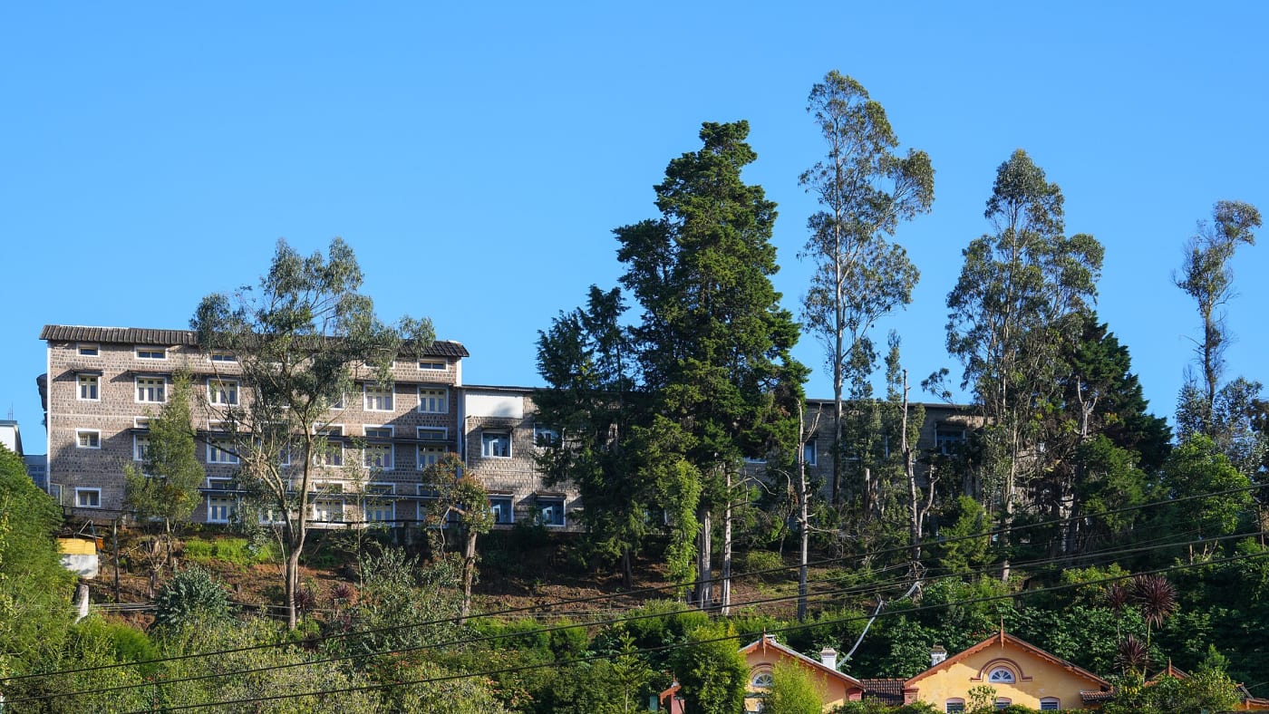 South facade, wide view of classroom buildings, St. Hilda's Girls School, Ooty, The Nilgiris, Tamil Nadu, India