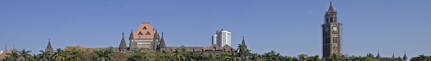 Panoramic view from Oval Maidan. From Left to right, Bombay High Court, Bombay Stock Exchange and Rajabai Clock Tower