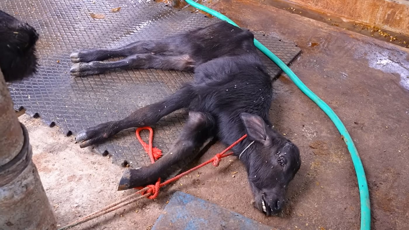 A calf that died of starvation after being tied up to prevent him from drinking his mother's milk.