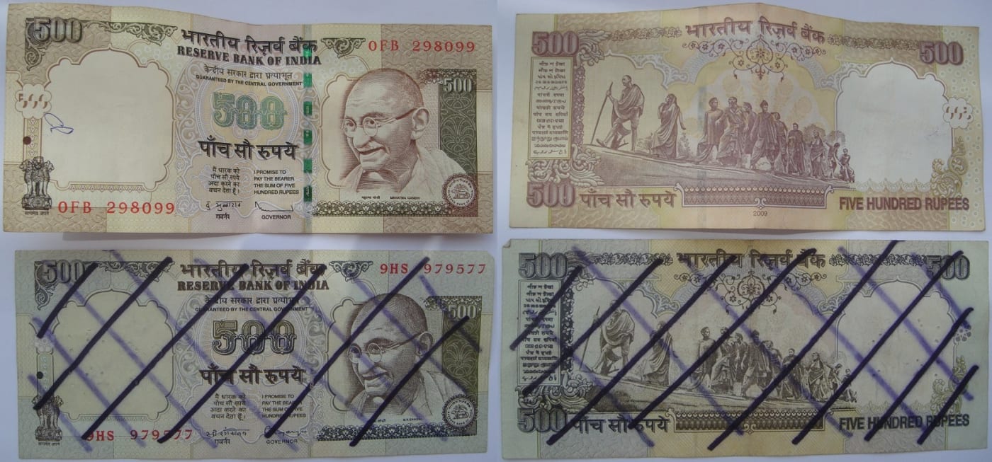 Indian Republic, Paper Money, Rupees 500, Fake vs Original Note comparison. The featured set shows an Original and Forged Rupees 500 bank no