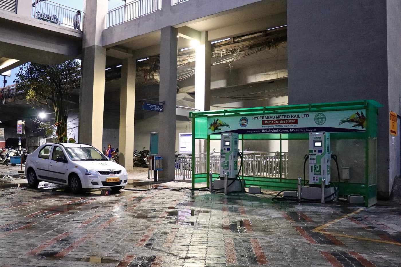 Electric car charging station under Begumpet metro station, Hyderabad
