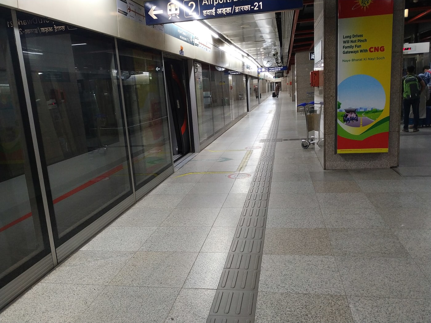 Delhi Airport Metro standing on New Delhi metro station. This metro connects New Delhi metro station with Delhi Airport.