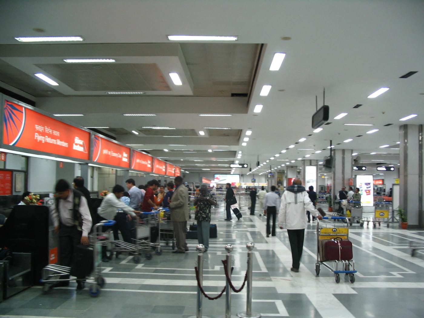 Check-in area of domestic departure terminal 1A of the Indira Gandhi International Airport , New Delhi , India