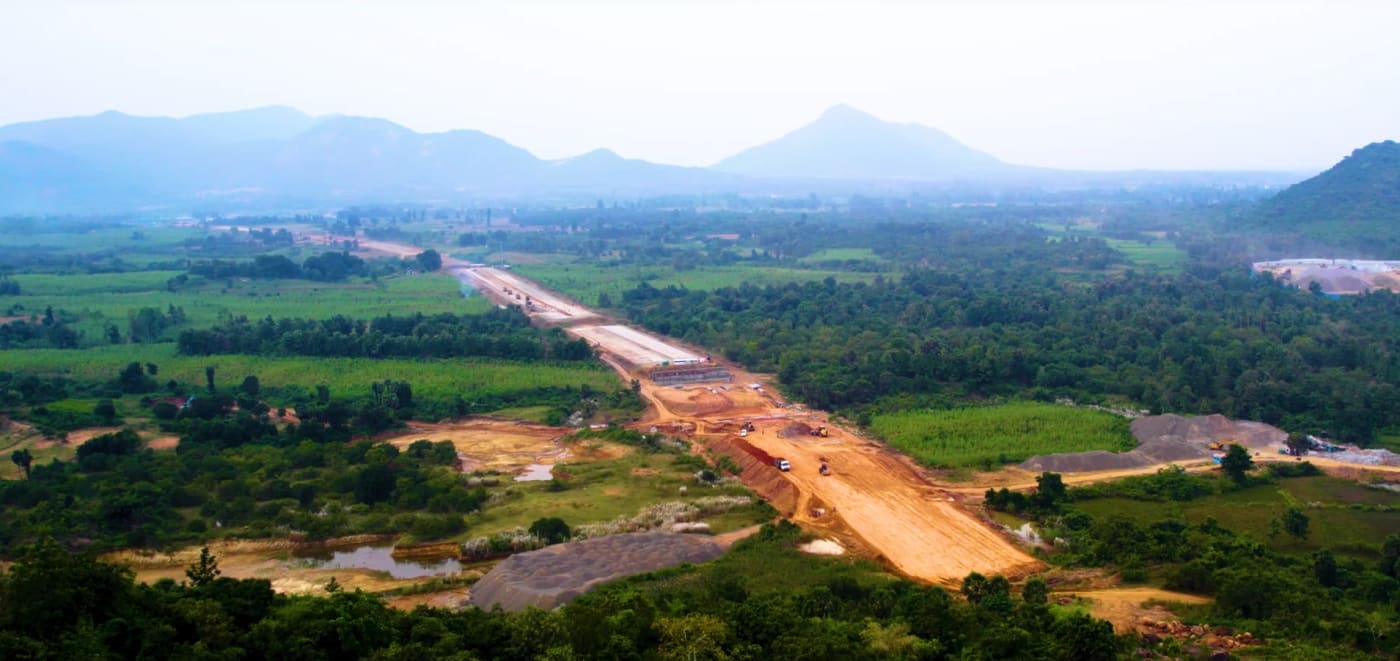 Aerial view of the under construction Raipur Vizag national highway in India