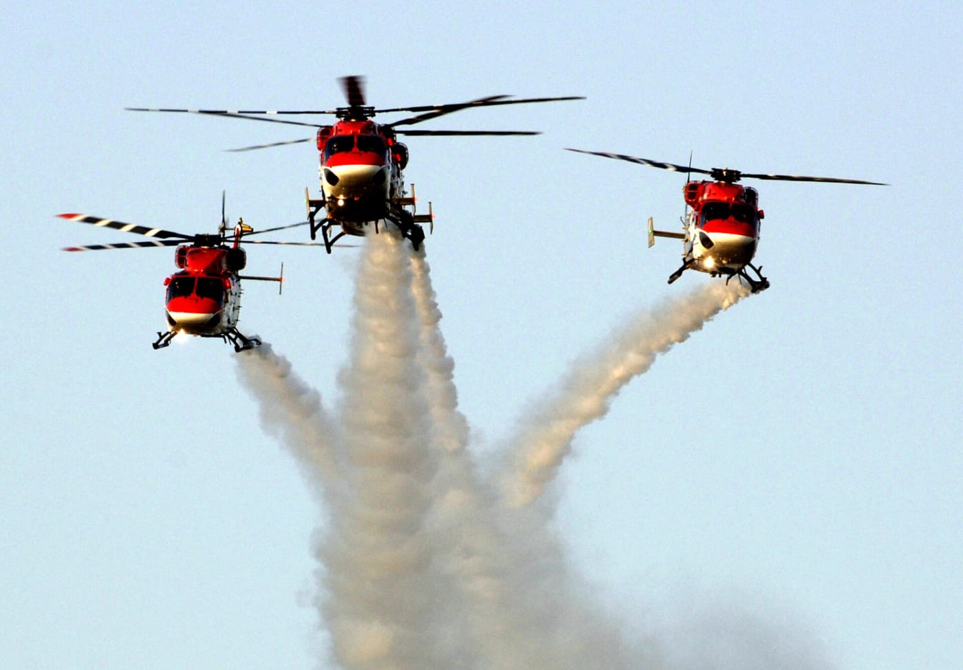 Indian air force helicopters perform for more than 6,000 people at the Gachibowli Stadium in Hyderabad, India, for the 4th Conseil Internati