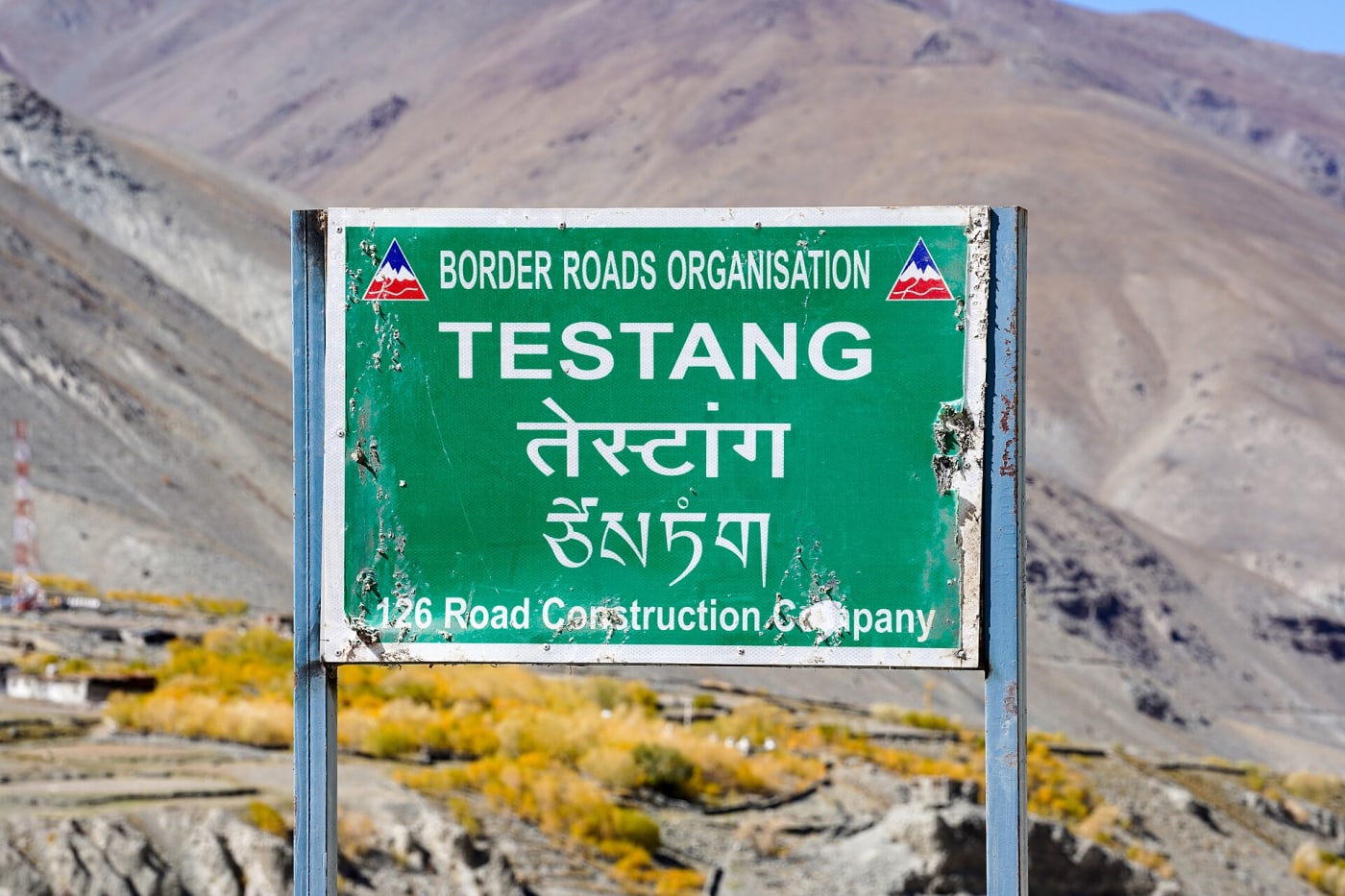 Weathered BRO sign board, road from Testa to Testang on the left bank of the Kargiakh Chu, Lungnak Valley, Zanskar, Ladakh, India