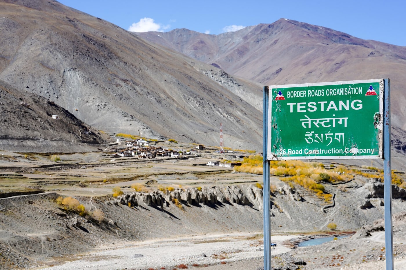 Weathered BRO sign board, road from Testa to Testang on the left bank of the Kargiakh Chu, Lungnak Valley, Zanskar, Ladakh, India