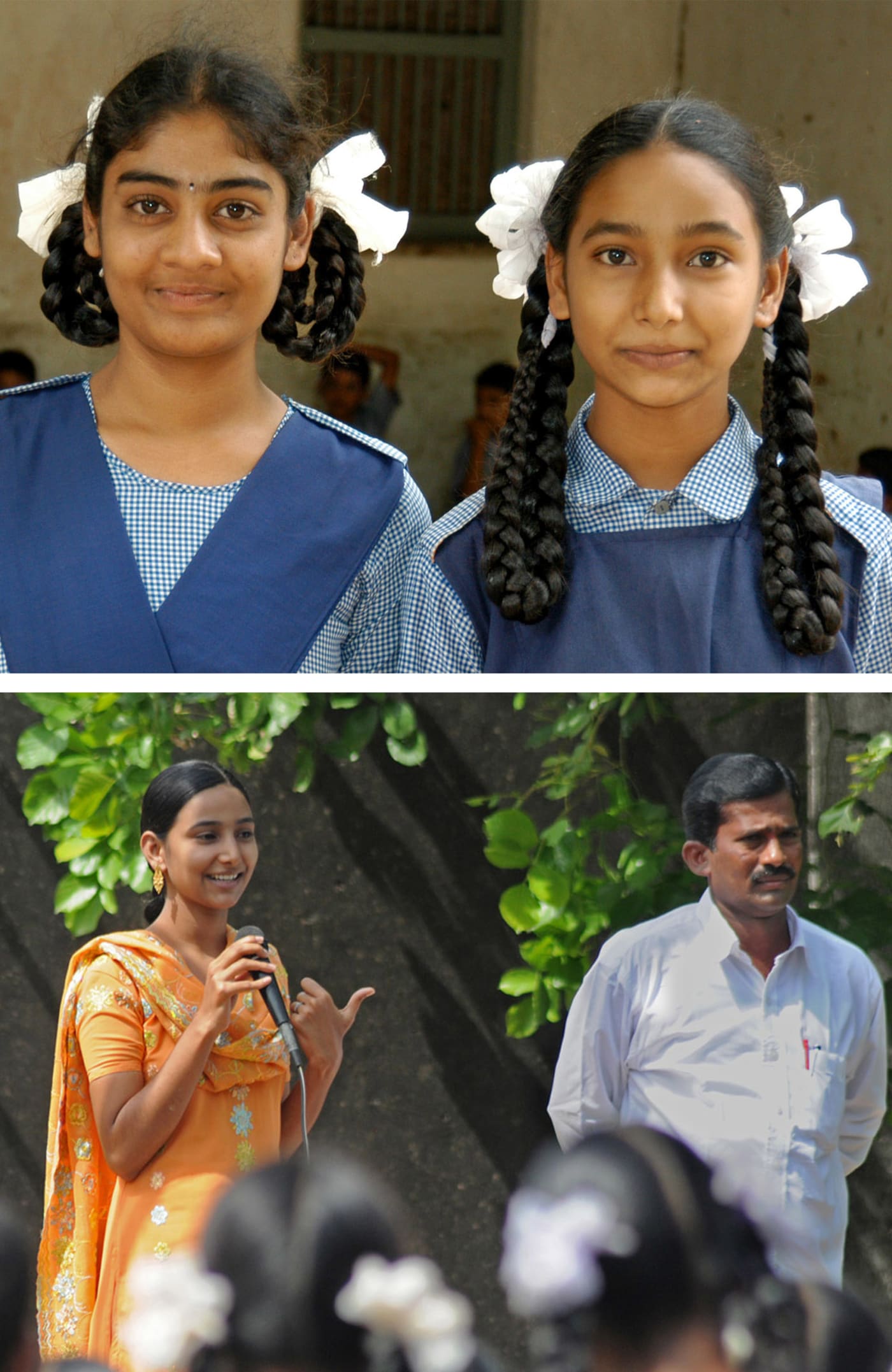 TOP: Pranitha and Fauzia, a Hindu girl and a Muslim girl, at Kalleda Rural School in 2004. Four years later, Pranitha went to the Beijing Ol