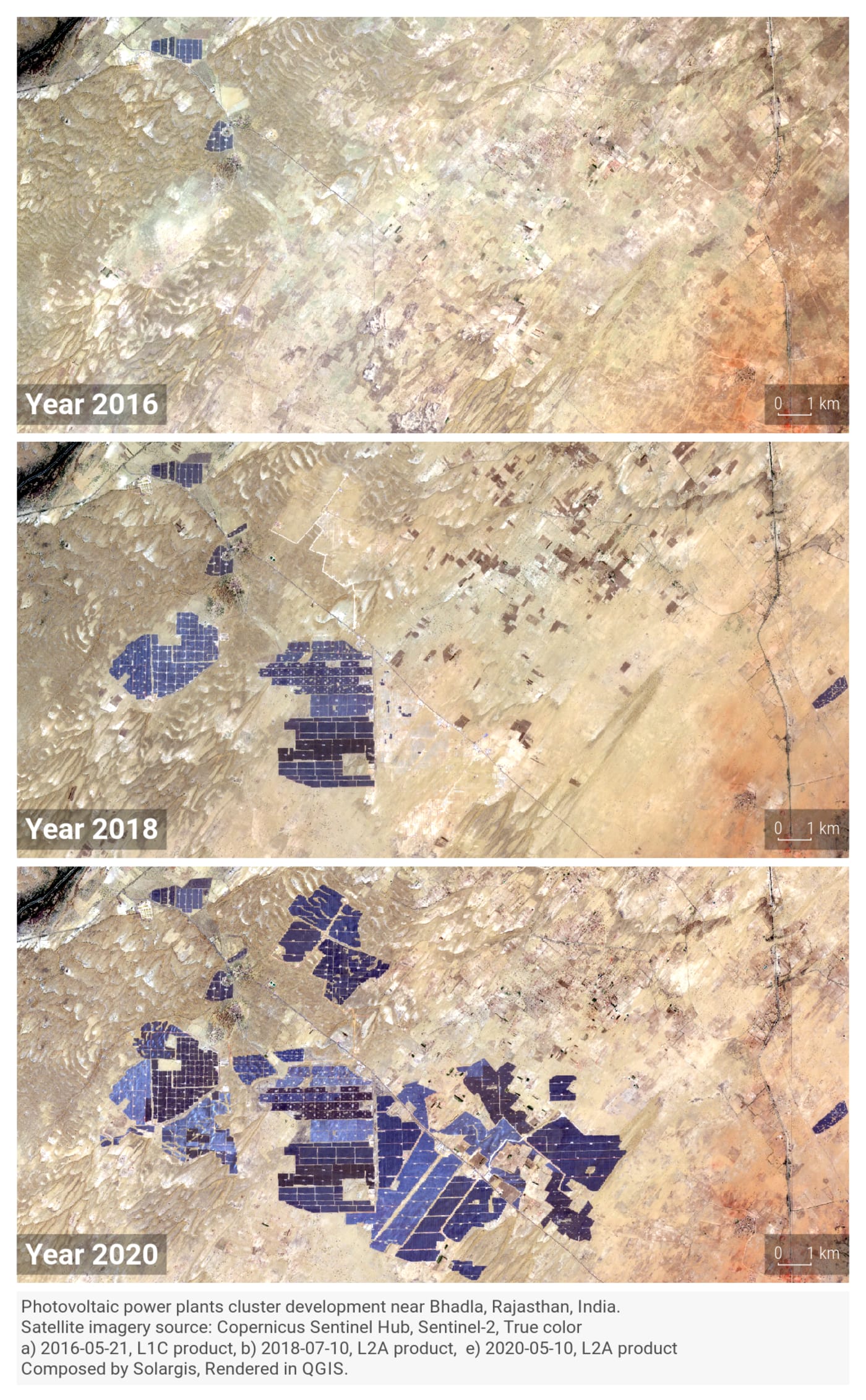 Satellite view of photovoltaic power plants at Bhadla Solar Park, Rajasthan