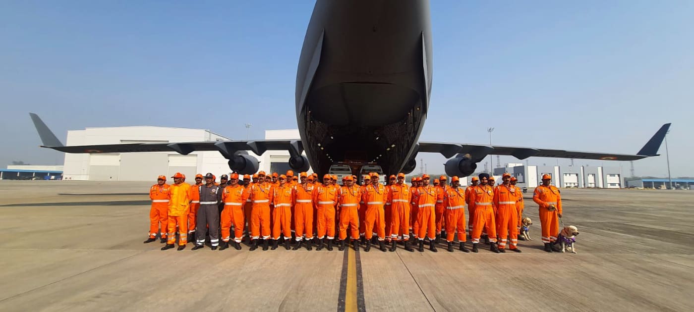 An IAF C-17 carrying NDRF search and rescue teams takes off for Türkiye as part of a larger relief effort
