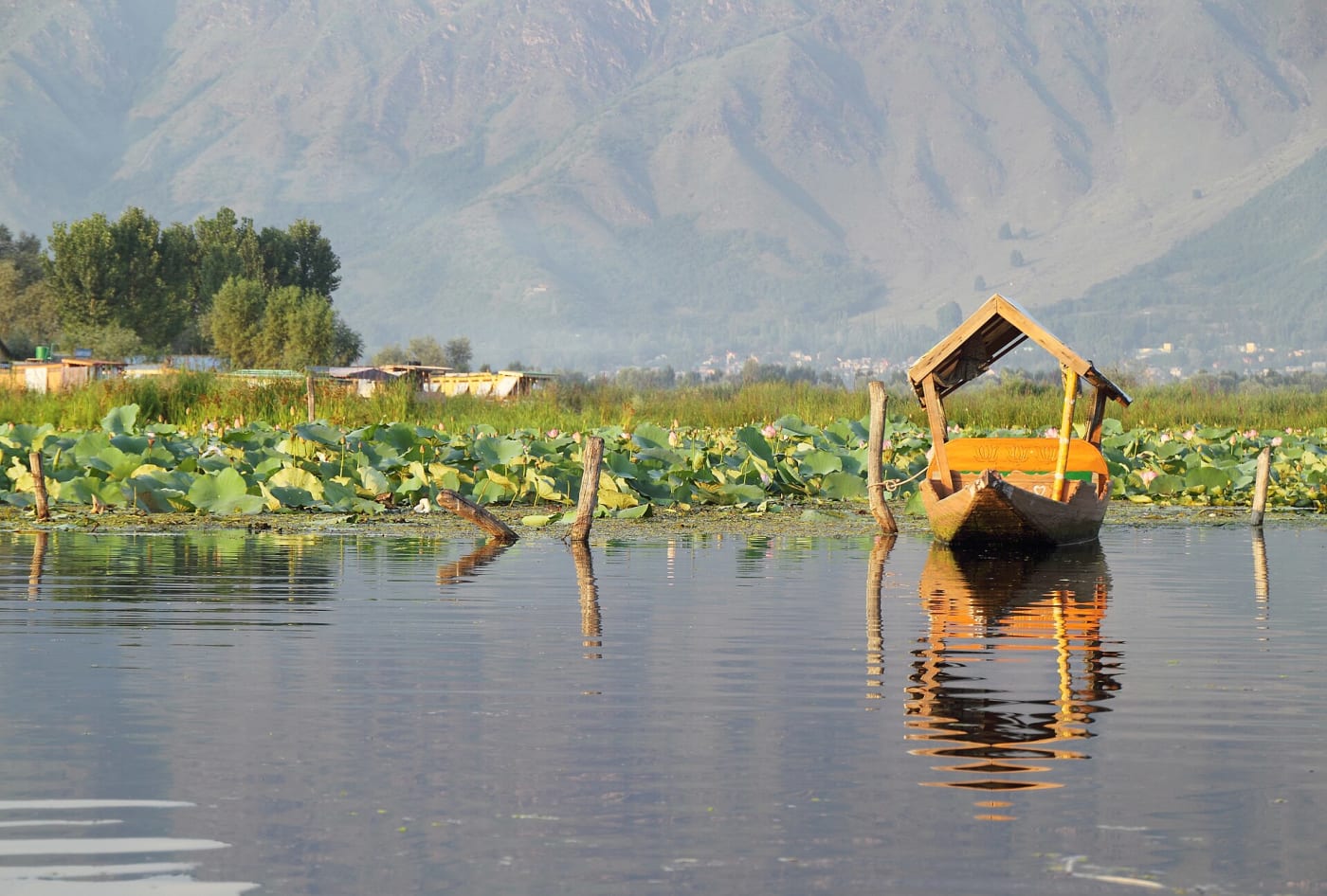 An empty shikara floating on the Dal Lake in Srinagar, Jammu and Kashmir, India.