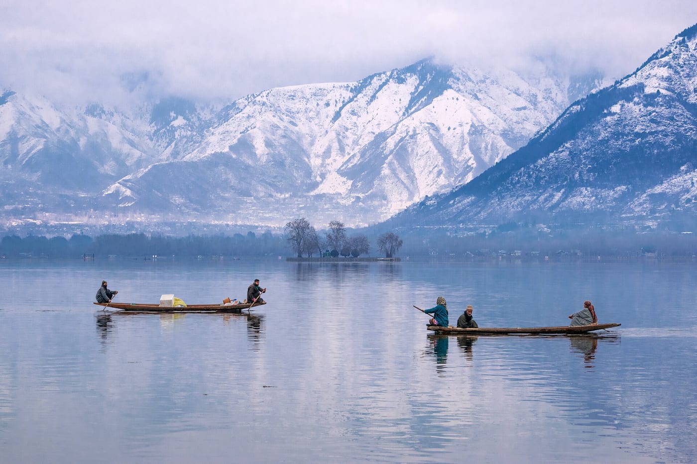 Dal Lake has four main Char Chinars, tree-covered islands in the middle of the lake