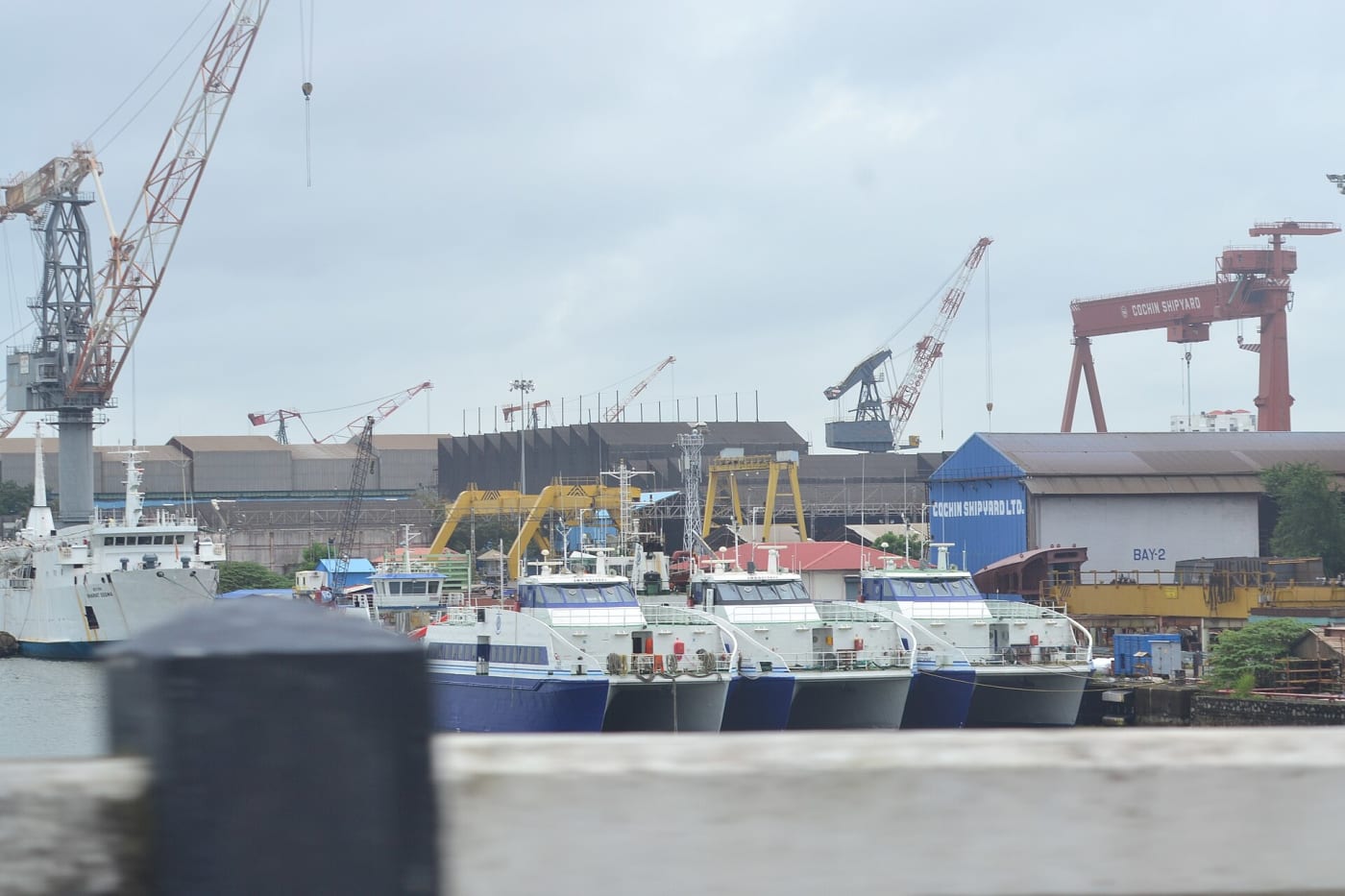 A view of the Kochi Docks from a bridge.