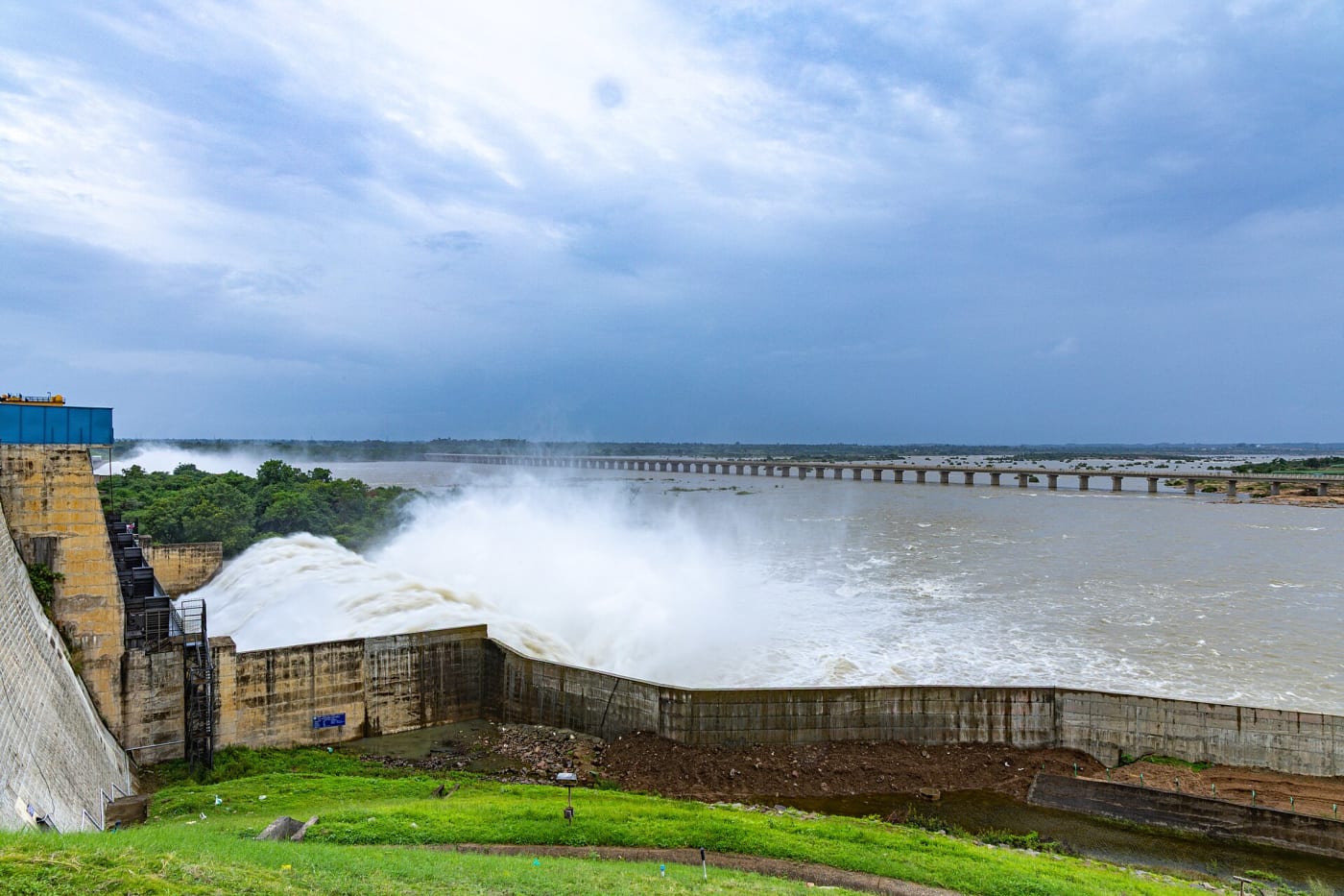 Spillway discharge from Narayanpur Dam (Basava Sagar Dam) into the Krishna River in Karnataka, India