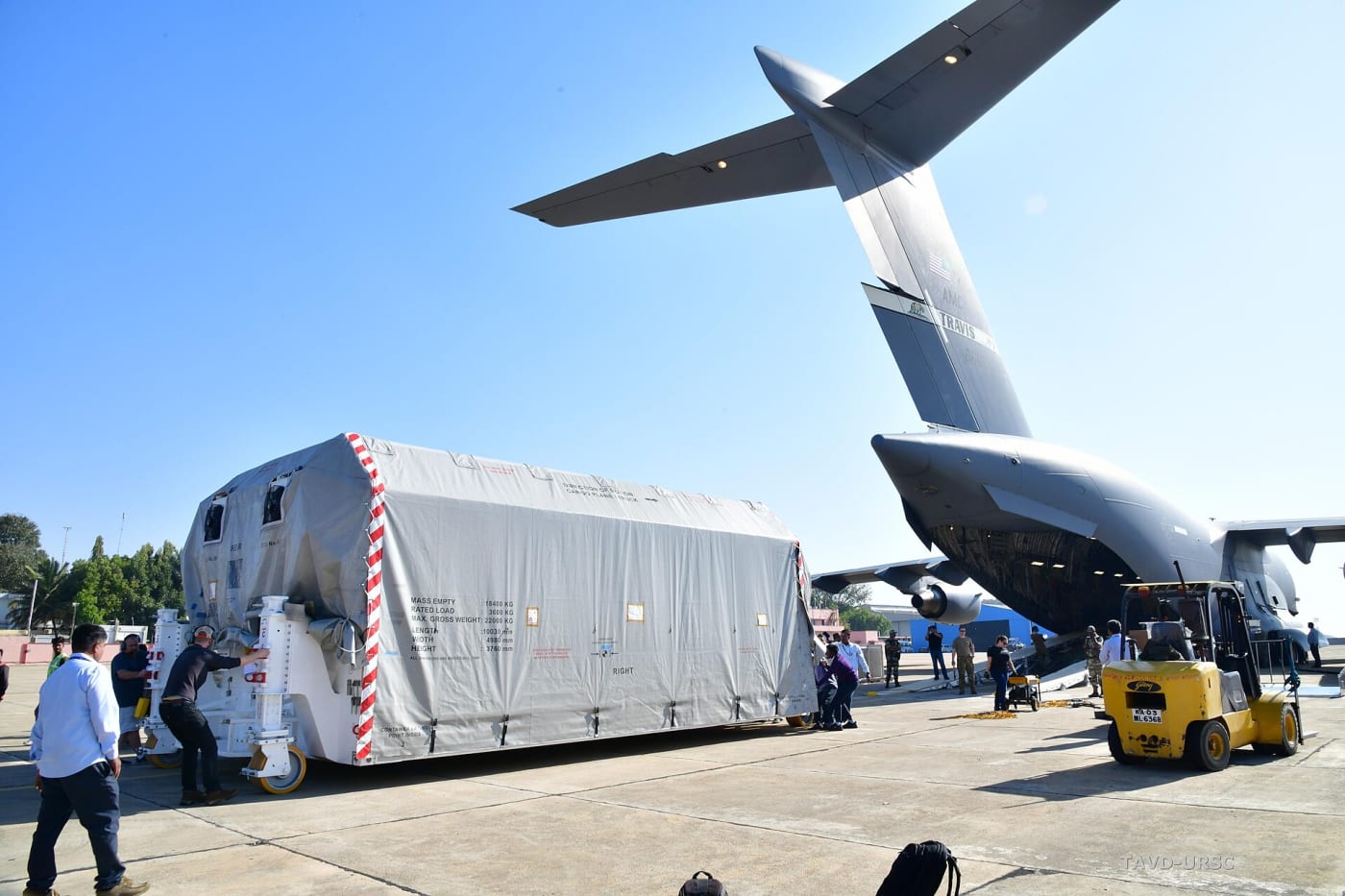 NASA-ISRO Synthetic Aperture Radar (NISAR) instrument payload in a specially designed shipping container