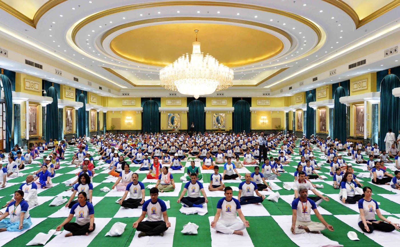 Participants perform yoga on the 3rd International Day of Yoga, 2017, at Rashtrapati Bhavan, New Delhi