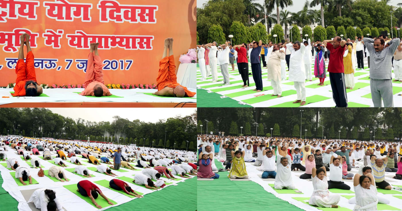 The participants practicing yoga, during the curtain raiser event for International Day of Yoga 2017, at Lucknow on June 07, 2017.