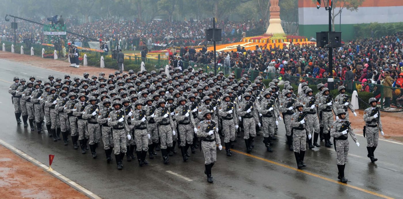 The CRPF marching contingent on Rajpath during the Republic Day parade.