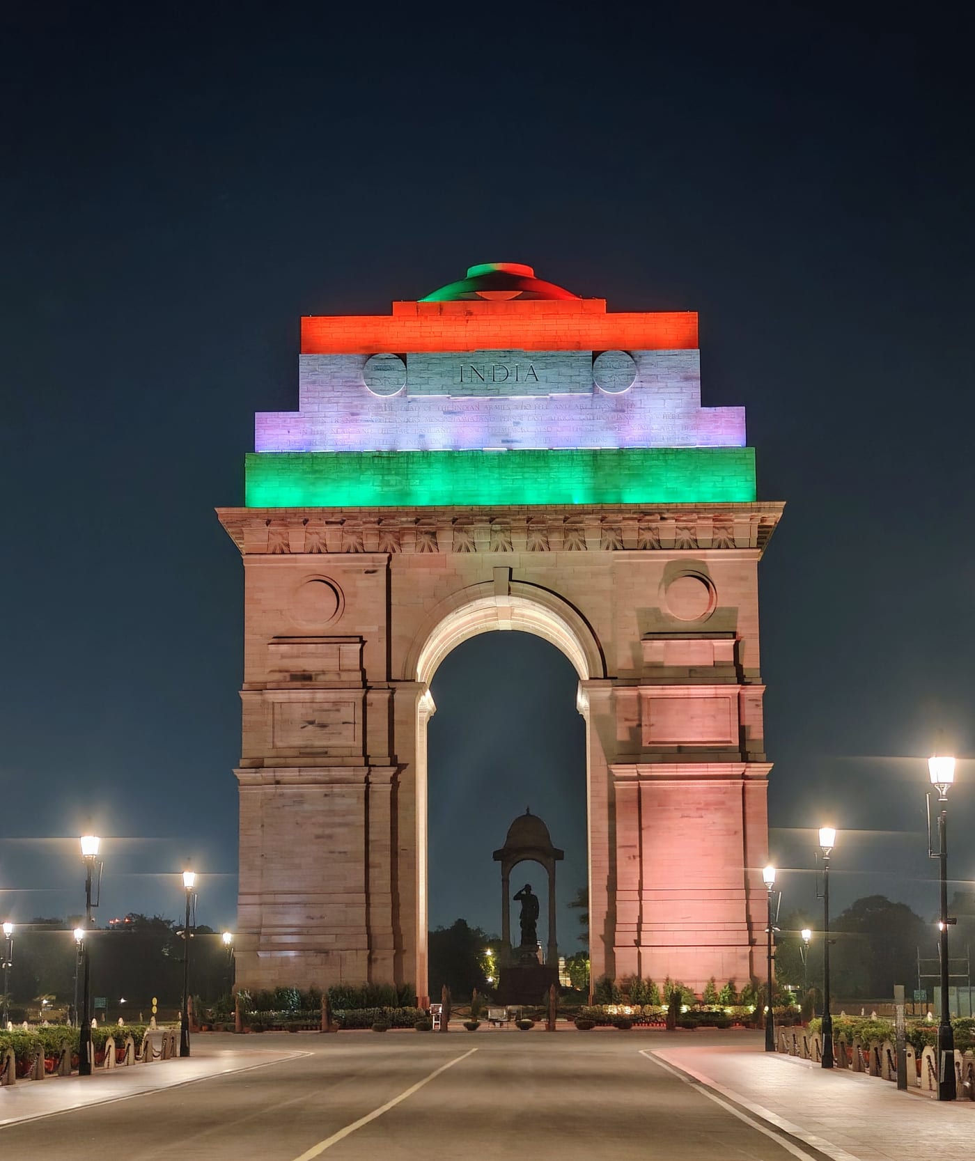 India Gate lit in the colours of the flag.