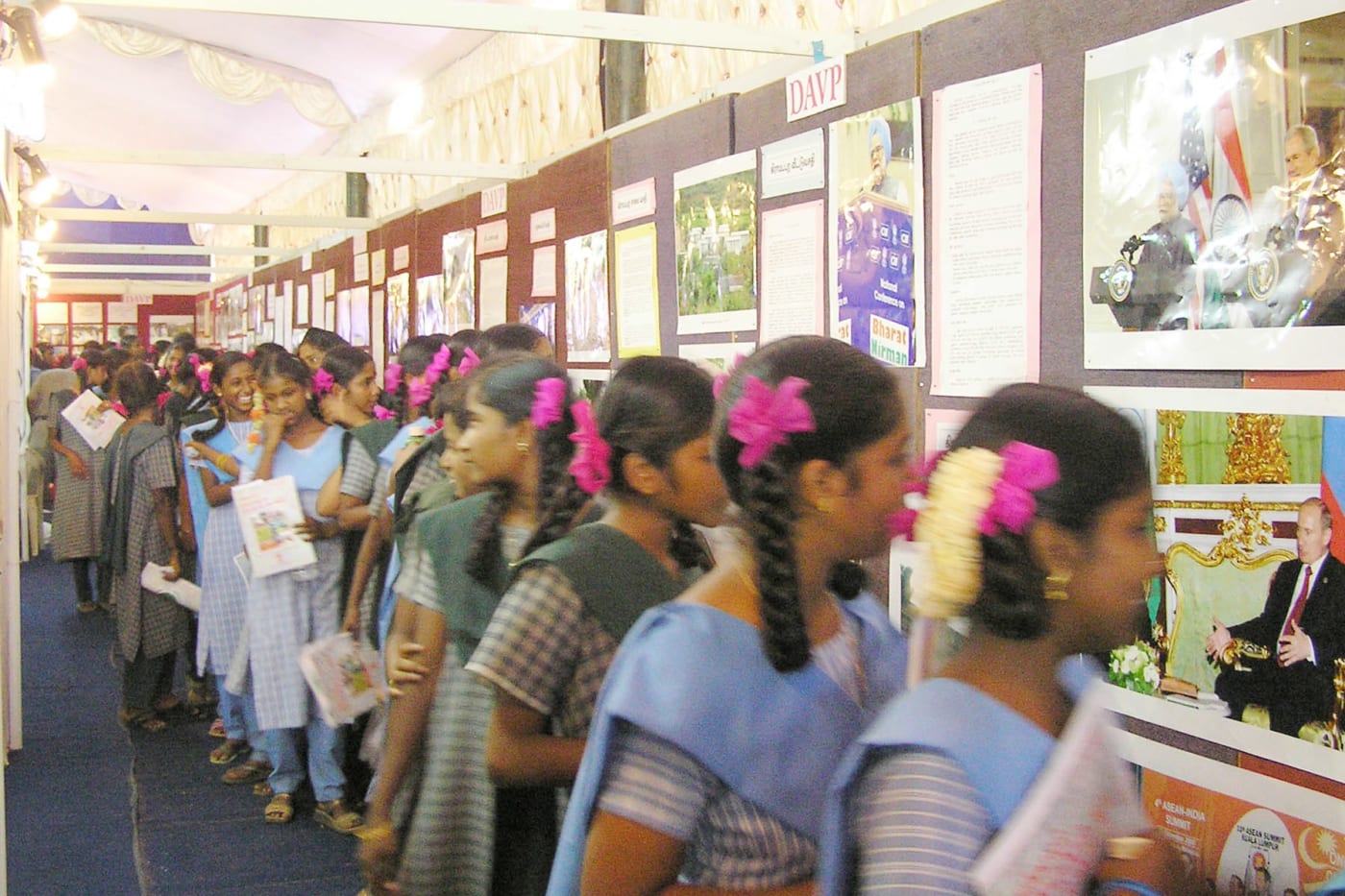 Schoolgirls at a public information exhibition in Madurai, Tamil Nadu.