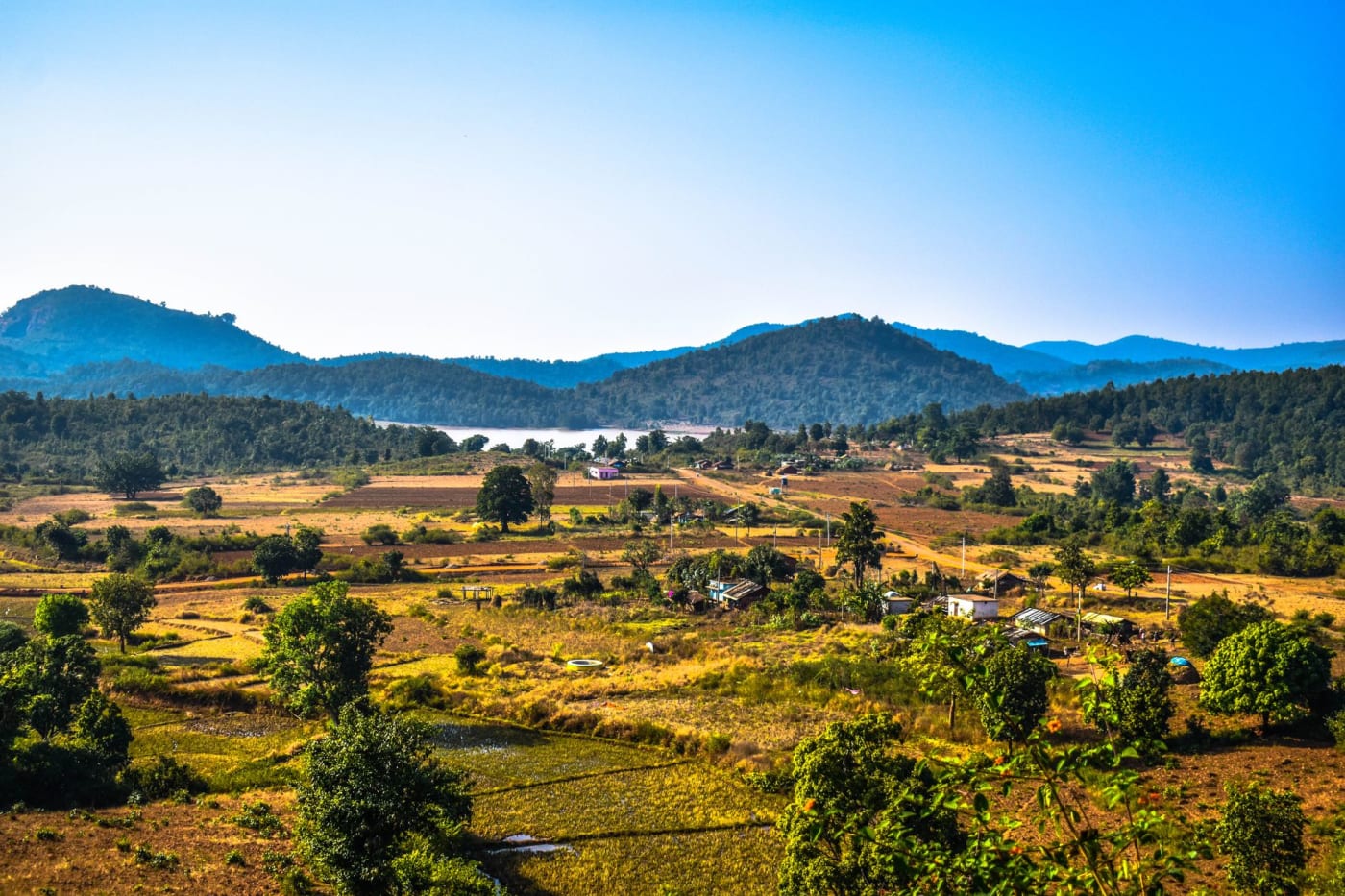Farmland and hills.