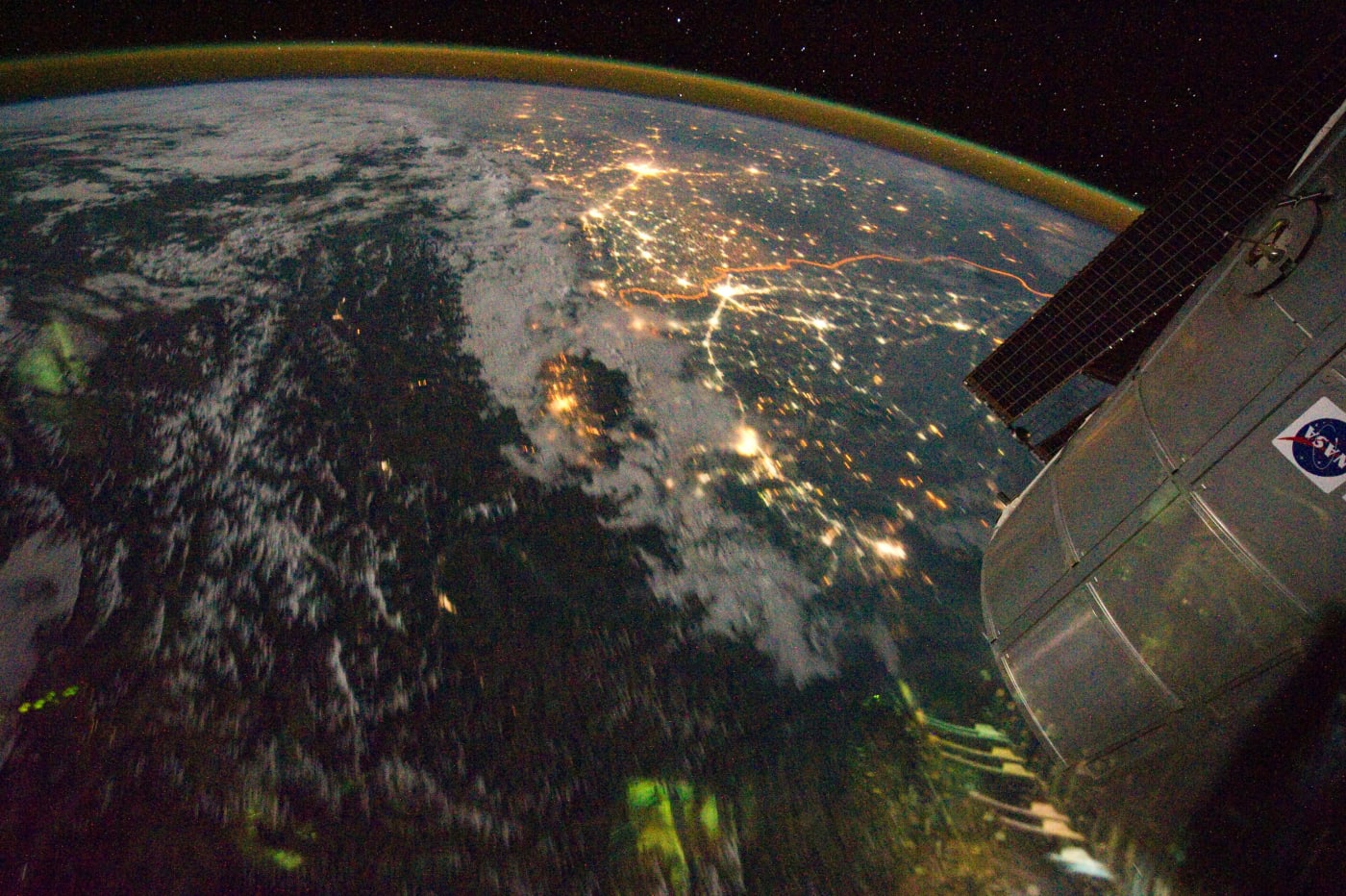 The floodlit India–Pakistan border, seen at night from the International Space Station.