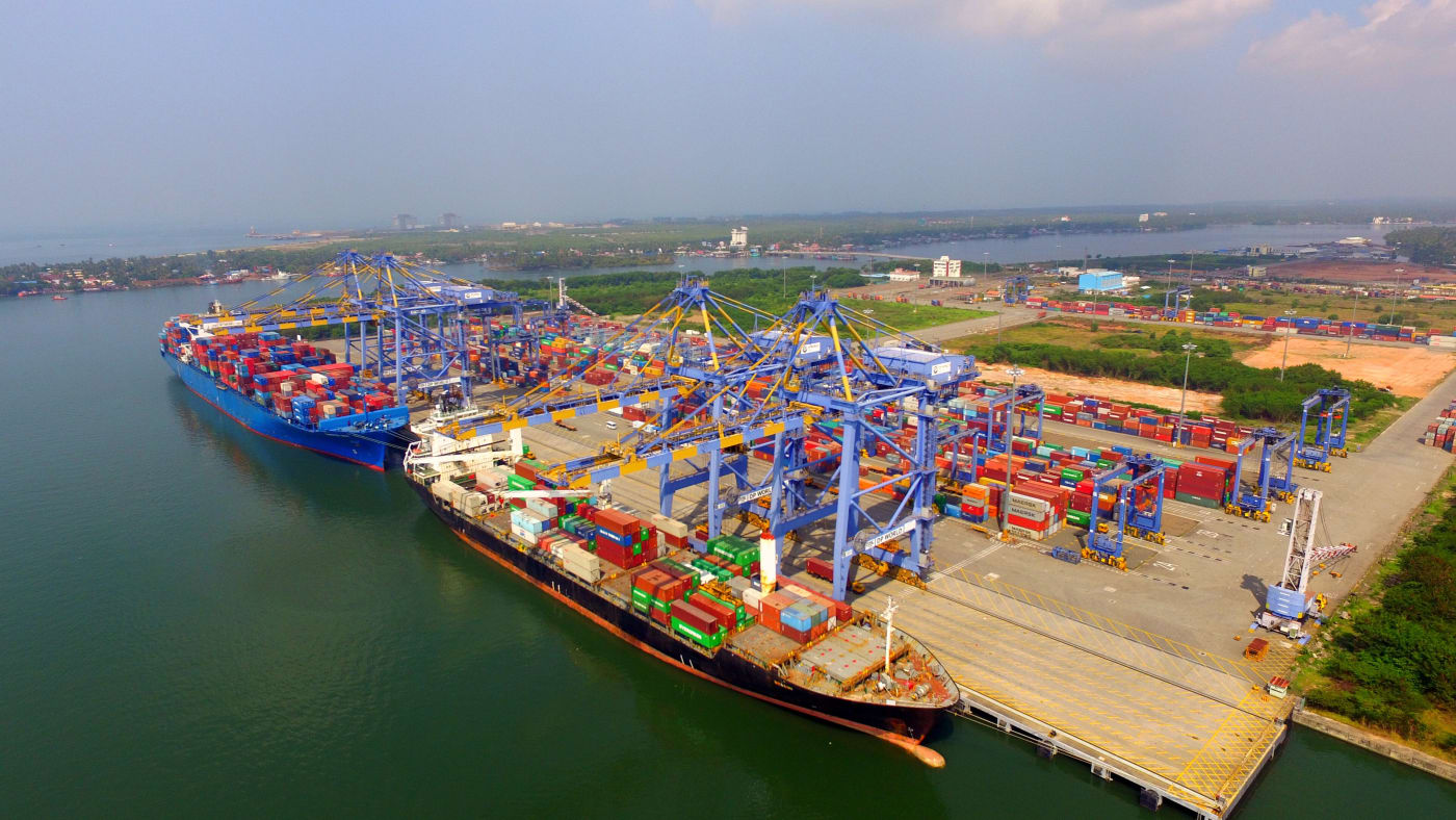 Container ships at the Vallarpadam international container terminal, Kochi.